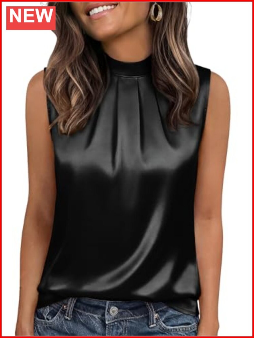 Women's Silk Satin Mock Neck Tank Top Pleated Sleeveless Blouse Business Casual